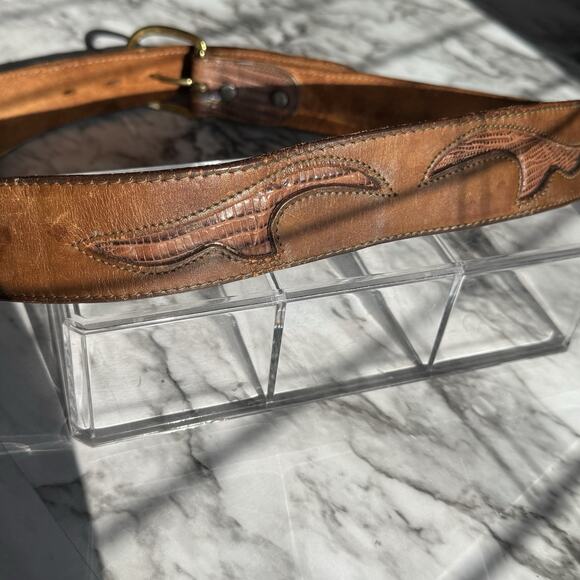 Tex Tan Other - Tex Tan Leather Lizard Scroll Inlay Western Belt Size 34 Brown Brass Buckle USA